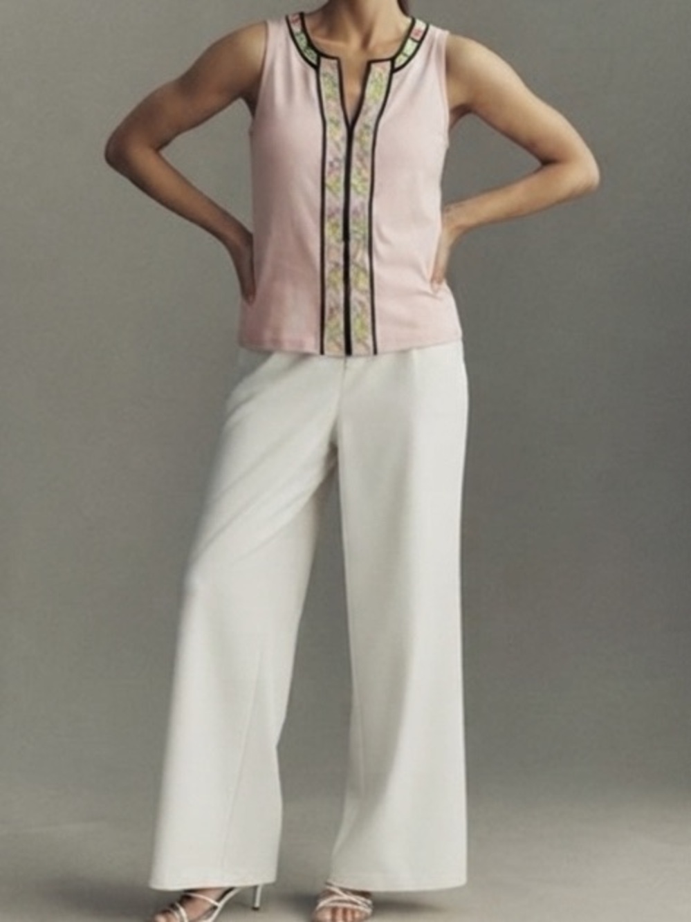 Anthropologie lavender tank top with colorful floral embroidery details